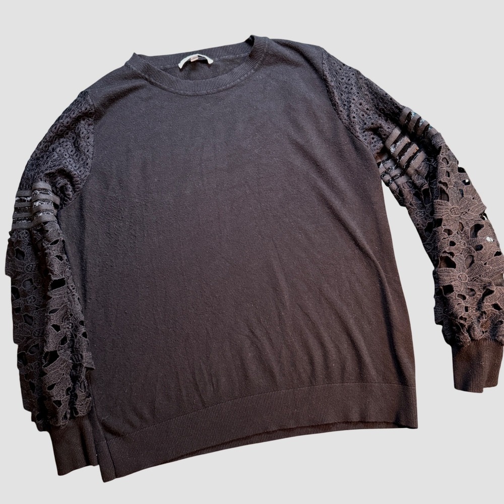 Siani Milano Black Lace Sleeve Sweater XL Crew Neck‎ Long Sleeve Knit Top